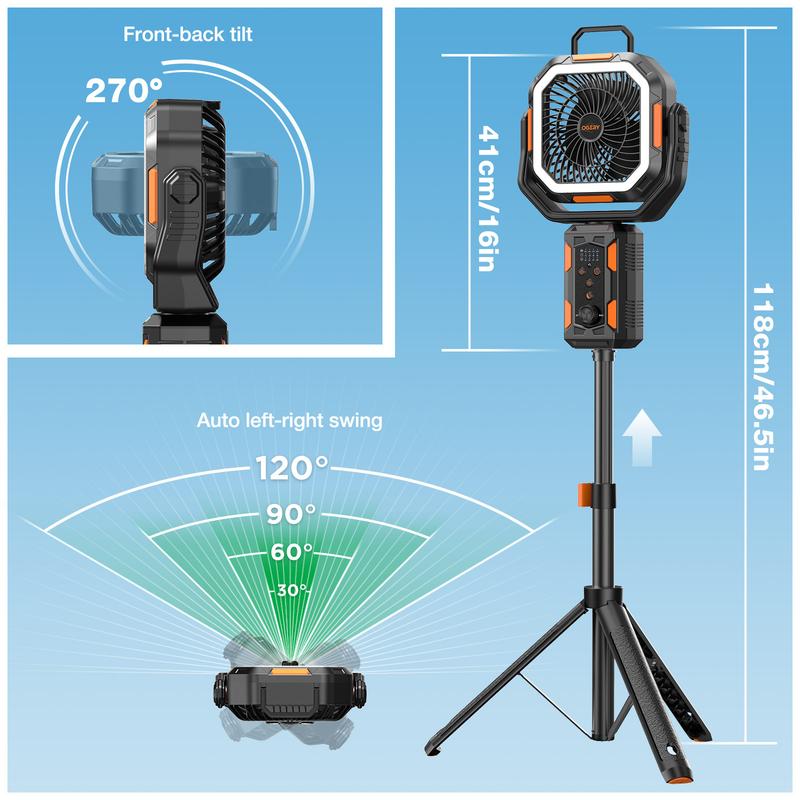 Ventilateur de camping avec trépied amovible, ventilateur rechargeable de 30 000 mAh avec lumières LED et pivot à 270°, ventilateur de camping sans fil 4 en 1