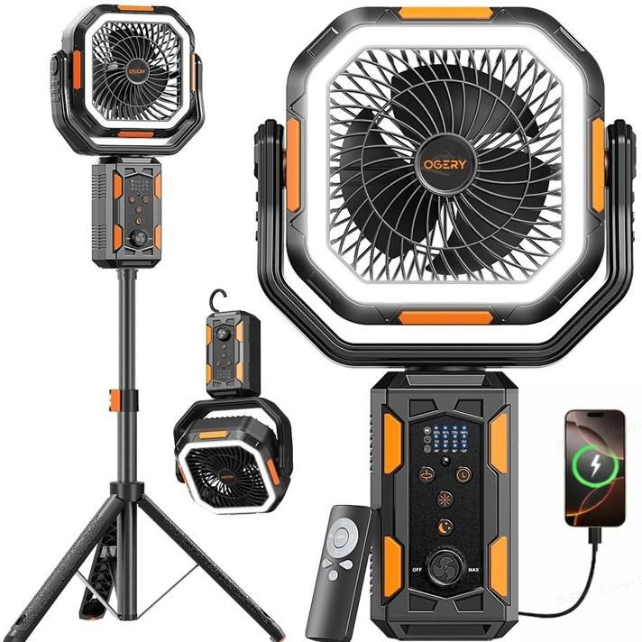 Ventilateur de camping avec trépied amovible, ventilateur rechargeable de 30 000 mAh avec lumières LED et pivot à 270°, ventilateur de camping sans fil 4 en 1