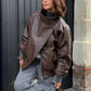 Veste en similicuir noir à col montant, veste de moto oversize