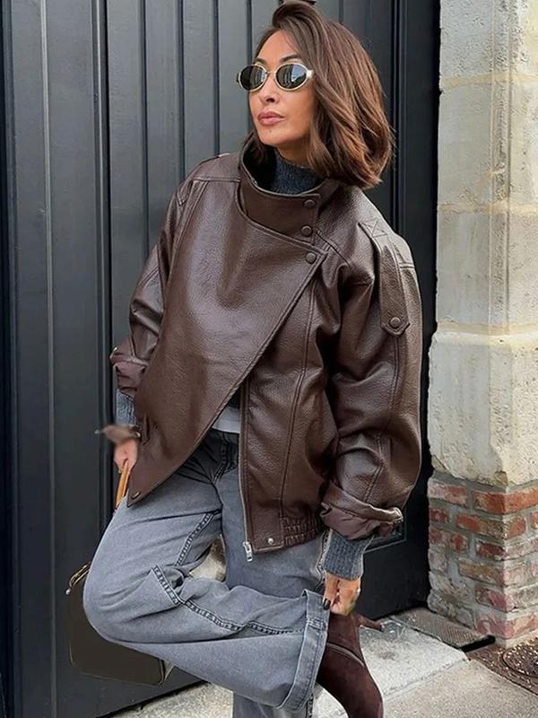Veste en similicuir noir à col montant, veste de moto oversize