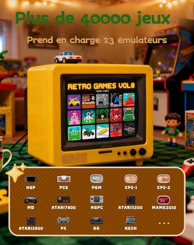 Plus de 40 000 jeux disponibles. Toute nouvelle console de jeux rétro M15. Compatible avec la connexion HDMI 4K. Manettes plug‑and‑play pour jouer sur télévision. Équipée de manettes sans fil 2,4 GHz améliorées.