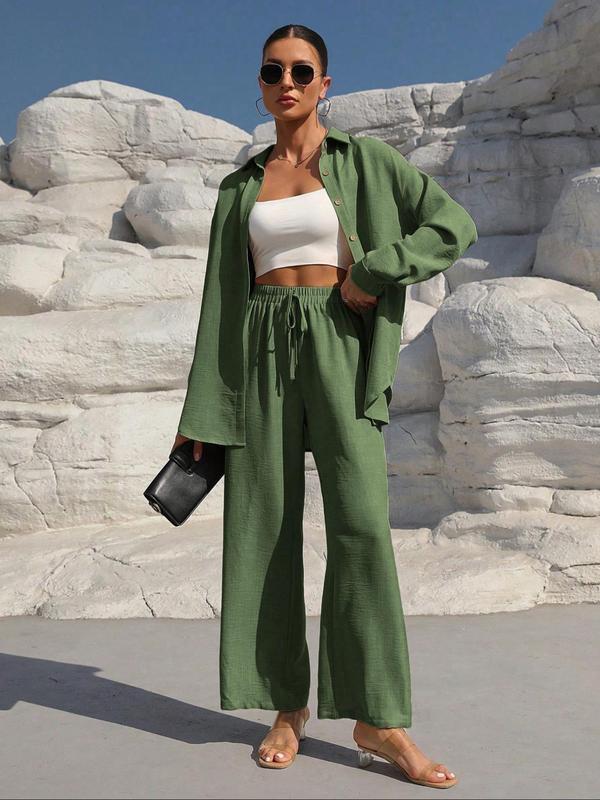 👗 60% DE RÉDUCTION! ✨Ensemble deux pièces pour femme composé d'une chemise unie à boutons sur le devant et d'un pantalon à jambes larges noué sur le devant