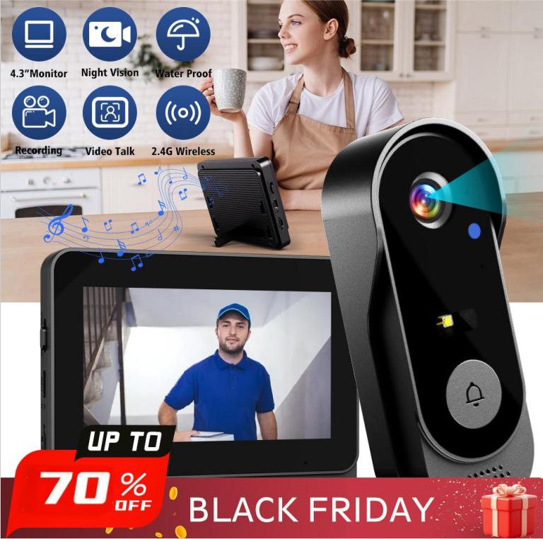 Caméra sans fil pour sonnette : 1080P, angle de 170°, écran 4,3 pouces, étanchéité IPX65 pour l'extérieur, vision nocturne