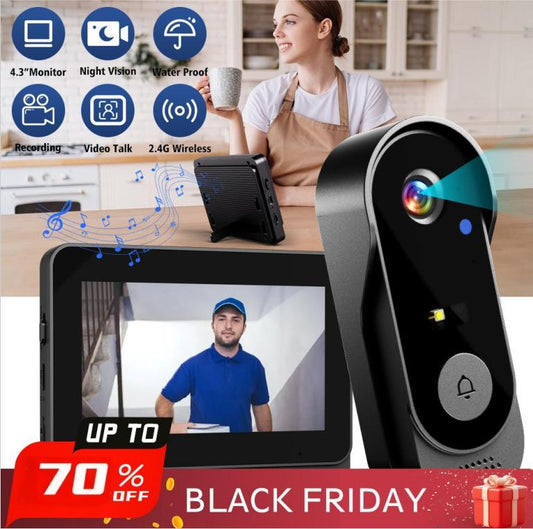 Caméra sans fil pour sonnette : 1080P, angle de 170°, écran 4,3 pouces, étanchéité IPX65 pour l'extérieur, vision nocturne