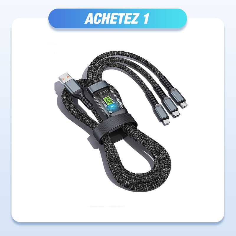 Chargement super rapide 100w, câble de données transparent 3-en-1