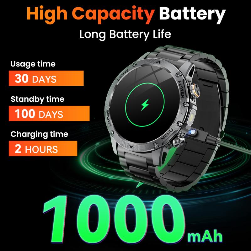 Montre connectée pour homme de style militaire avec batterie de 1 100 mAh, écran AMOLED de 1,7 pouces, lampe torche LED, étanchéité IP68, montre de sport avec fonction téléphone, plus de 110 modes sportifs, suivi de la fréquence cardiaque et du sommeil