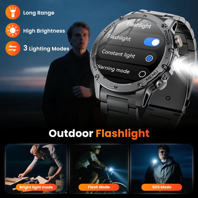 Montre connectée pour homme de style militaire avec batterie de 1 100 mAh, écran AMOLED de 1,7 pouces, lampe torche LED, étanchéité IP68, montre de sport avec fonction téléphone, plus de 110 modes sportifs, suivi de la fréquence cardiaque et du sommeil