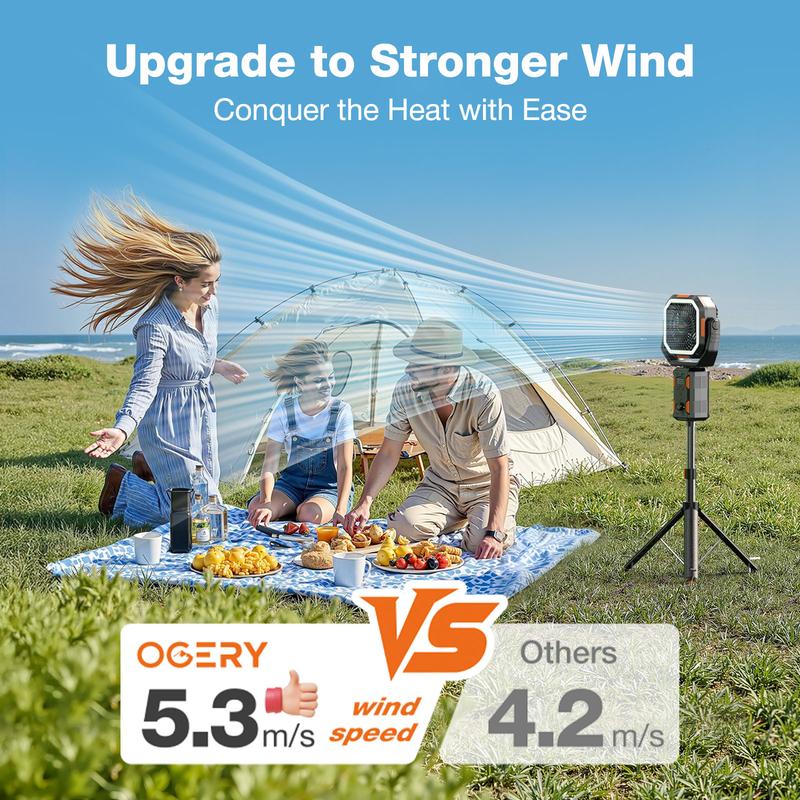 Ventilateur de camping avec trépied amovible, ventilateur rechargeable de 30 000 mAh avec lumières LED et pivot à 270°, ventilateur de camping sans fil 4 en 1