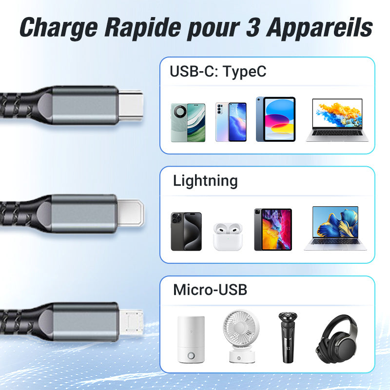 Chargement super rapide 100w, câble de données transparent 3-en-1