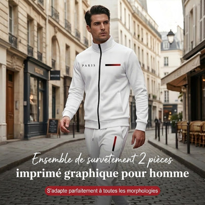 Ensemble pantalon et veste zippée imprimée décontractée pour homme