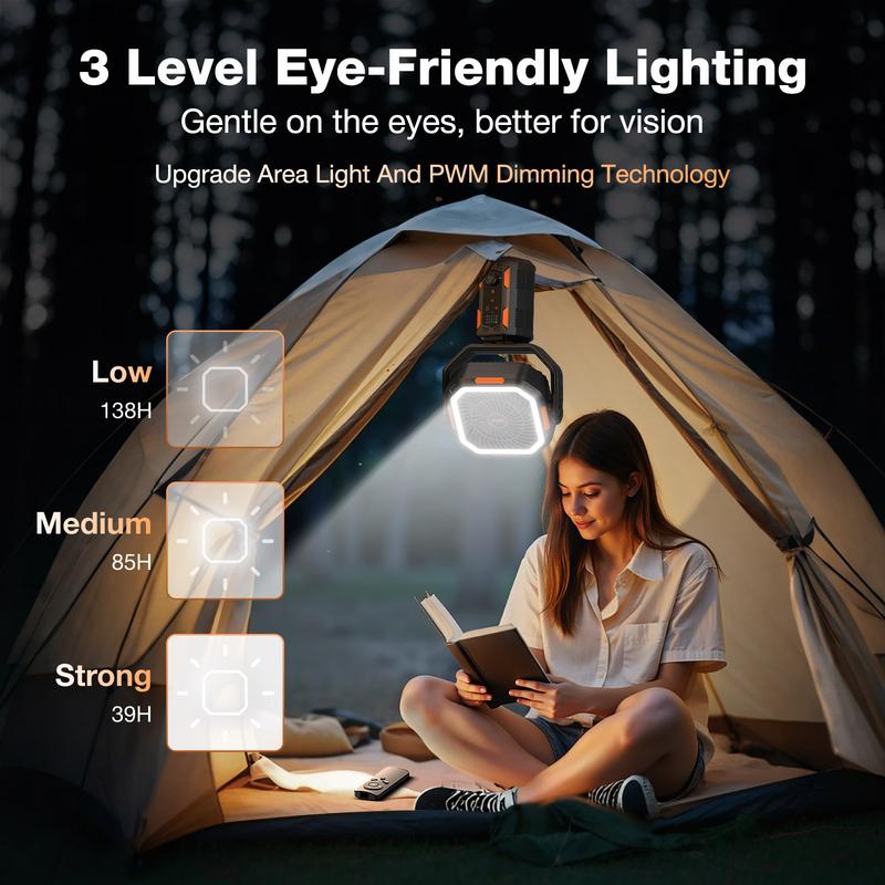 Ventilateur de camping avec trépied amovible, ventilateur rechargeable de 30 000 mAh avec lumières LED et pivot à 270°, ventilateur de camping sans fil 4 en 1