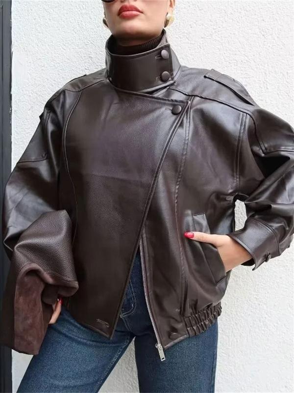 Veste en similicuir noir à col montant, veste de moto oversize
