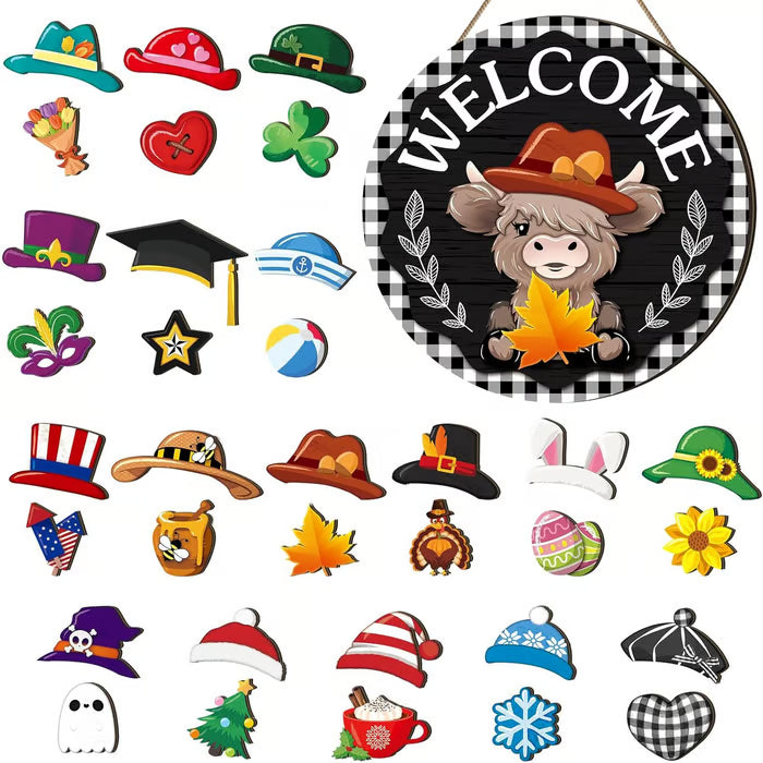 🐇 Soldes de Pâques : 50 % DE RÉDUCTION !! 💥 Panneau « Highland Cow » Panneau de bienvenue interchangeable avec aimant Chapeaux amovibles Adorables bovins à suspendre