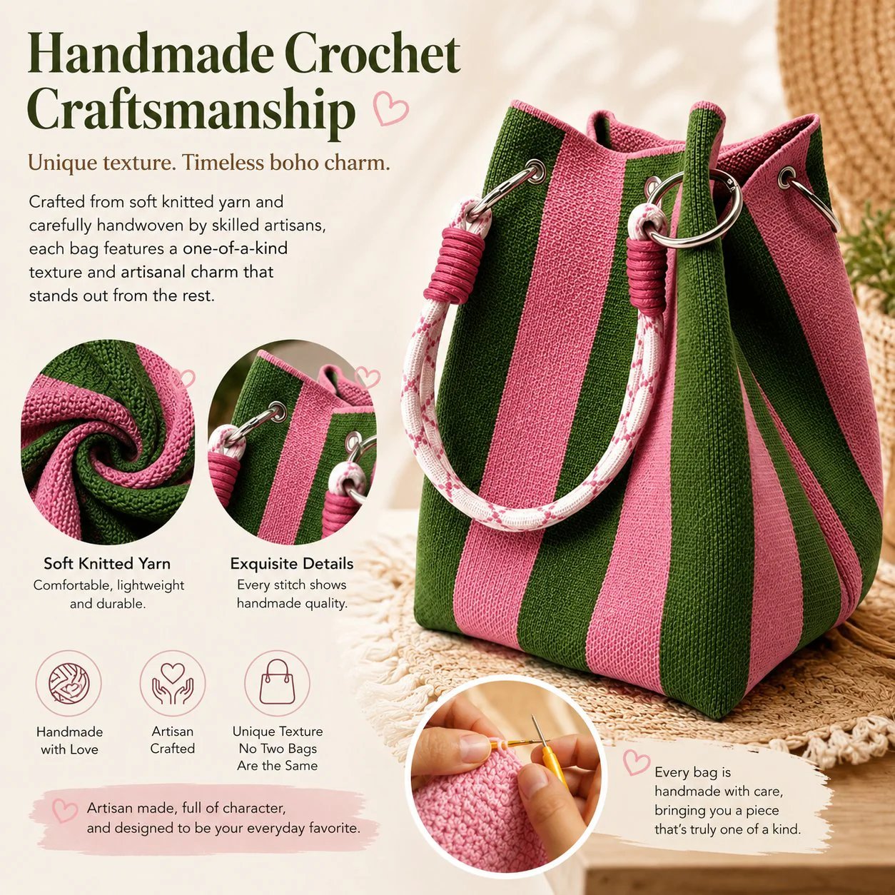 🏆👜🌴 Sac seau bohème rayé en maille pour femme – Sac bandoulière d’été fait main pour la plage