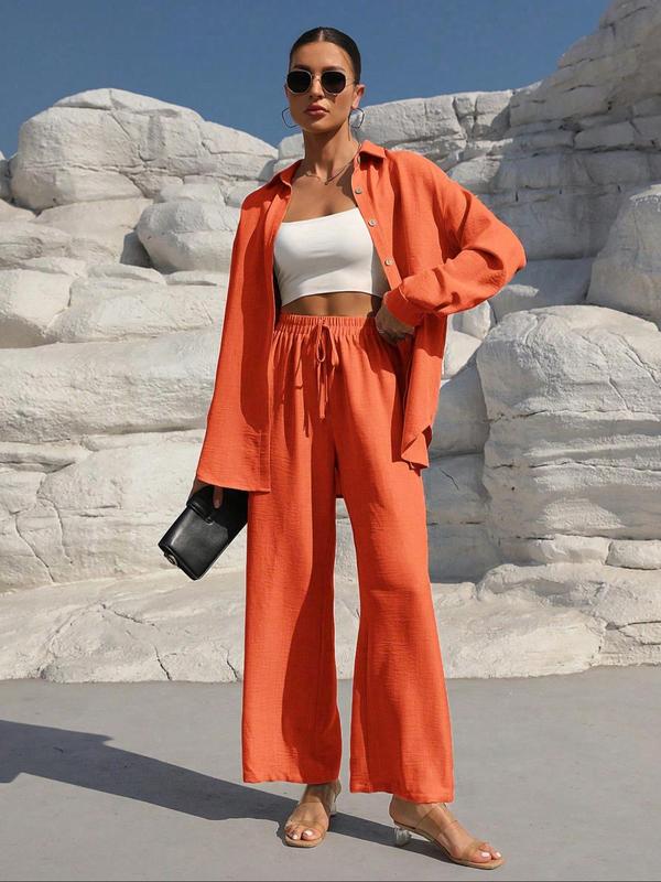 👗 60% DE RÉDUCTION! ✨Ensemble deux pièces pour femme composé d'une chemise unie à boutons sur le devant et d'un pantalon à jambes larges noué sur le devant