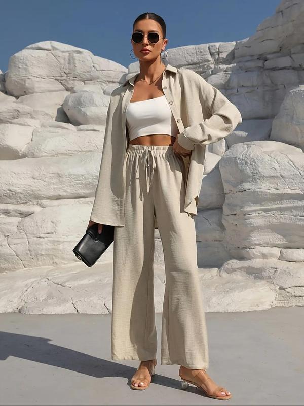 👗 60% DE RÉDUCTION! ✨Ensemble deux pièces pour femme composé d'une chemise unie à boutons sur le devant et d'un pantalon à jambes larges noué sur le devant