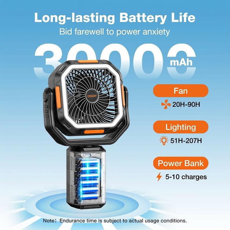 Ventilateur de camping avec trépied amovible, ventilateur rechargeable de 30 000 mAh avec lumières LED et pivot à 270°, ventilateur de camping sans fil 4 en 1