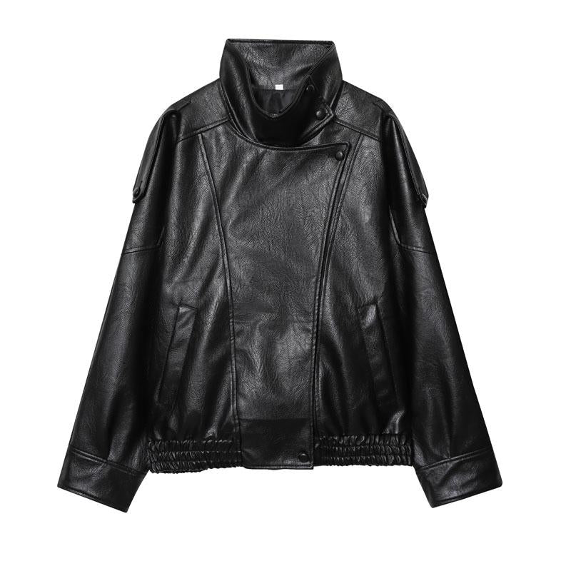 Veste en similicuir noir à col montant, veste de moto oversize