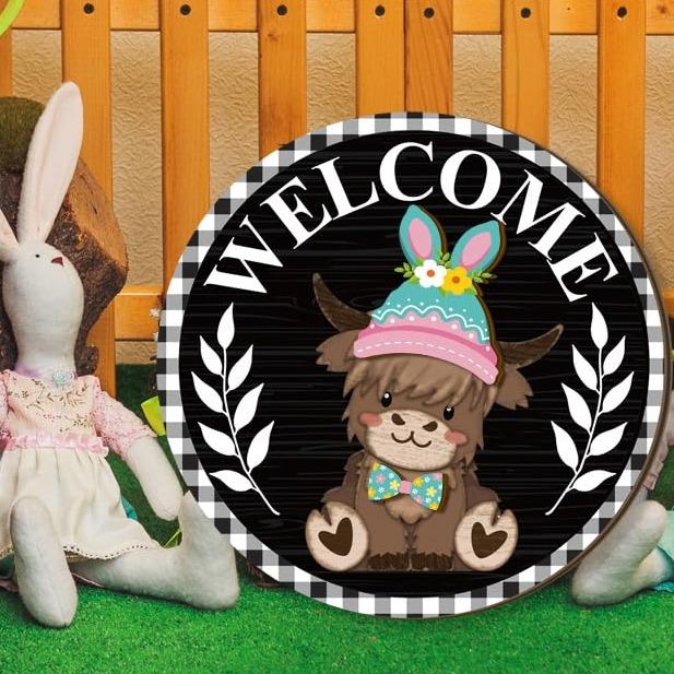 🐇 Soldes de Pâques : 50 % DE RÉDUCTION !! 💥 Panneau « Highland Cow » Panneau de bienvenue interchangeable avec aimant Chapeaux amovibles Adorables bovins à suspendre