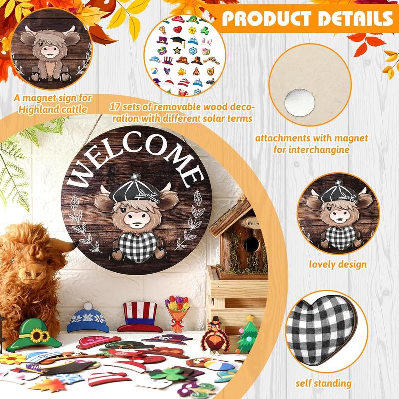 🐇 Soldes de Pâques : 50 % DE RÉDUCTION !! 💥 Panneau « Highland Cow » Panneau de bienvenue interchangeable avec aimant Chapeaux amovibles Adorables bovins à suspendre