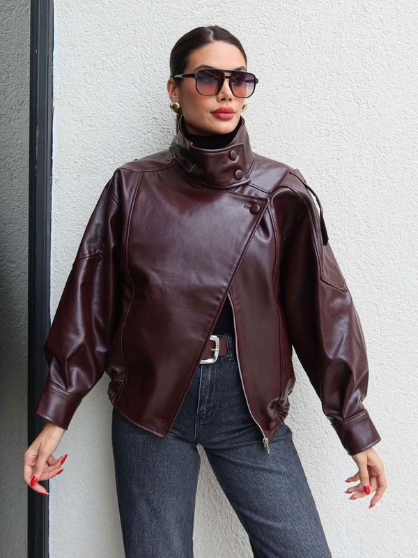 Veste en similicuir noir à col montant, veste de moto oversize