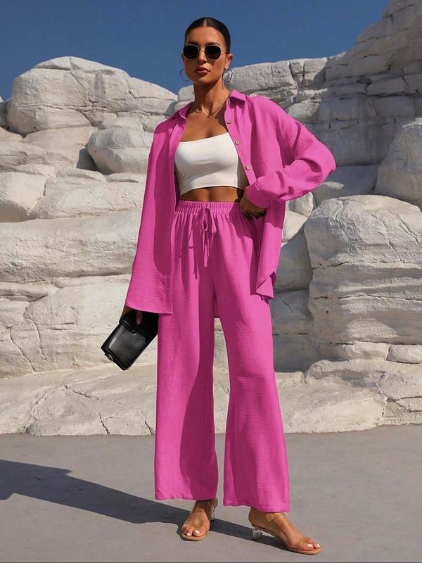 👗 60% DE RÉDUCTION! ✨Ensemble deux pièces pour femme composé d'une chemise unie à boutons sur le devant et d'un pantalon à jambes larges noué sur le devant