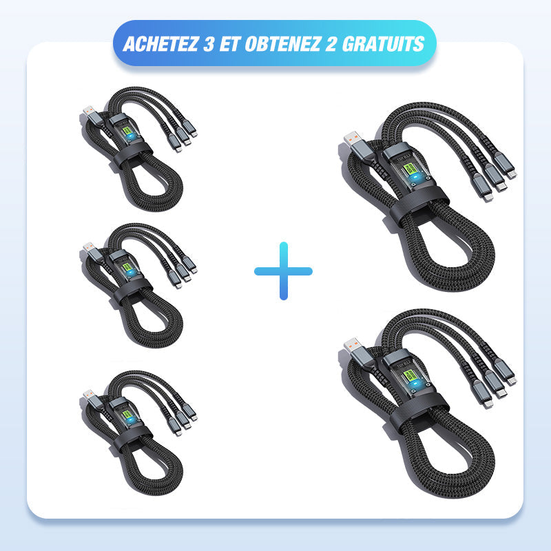 Chargement super rapide 100w, câble de données transparent 3-en-1