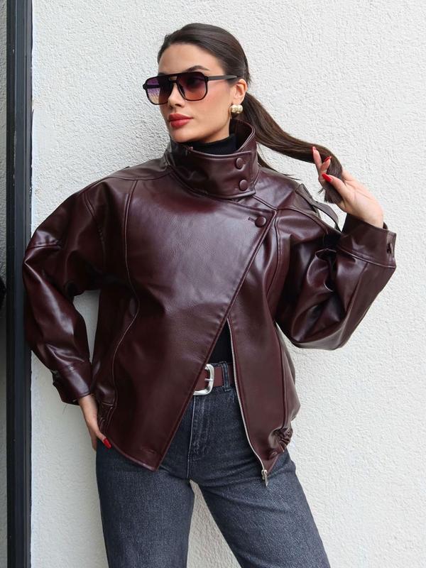 Veste en similicuir noir à col montant, veste de moto oversize