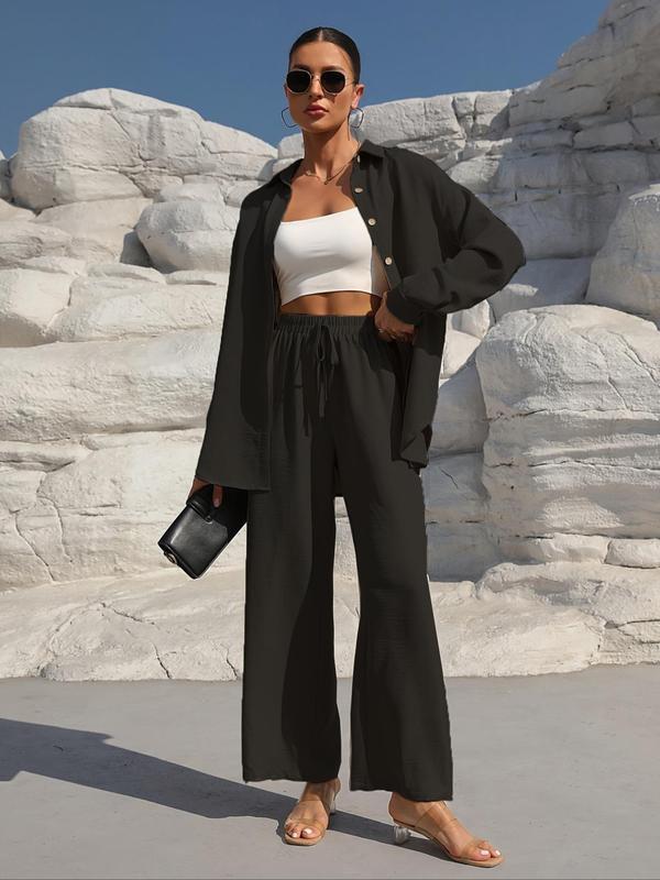 👗 60% DE RÉDUCTION! ✨Ensemble deux pièces pour femme composé d'une chemise unie à boutons sur le devant et d'un pantalon à jambes larges noué sur le devant