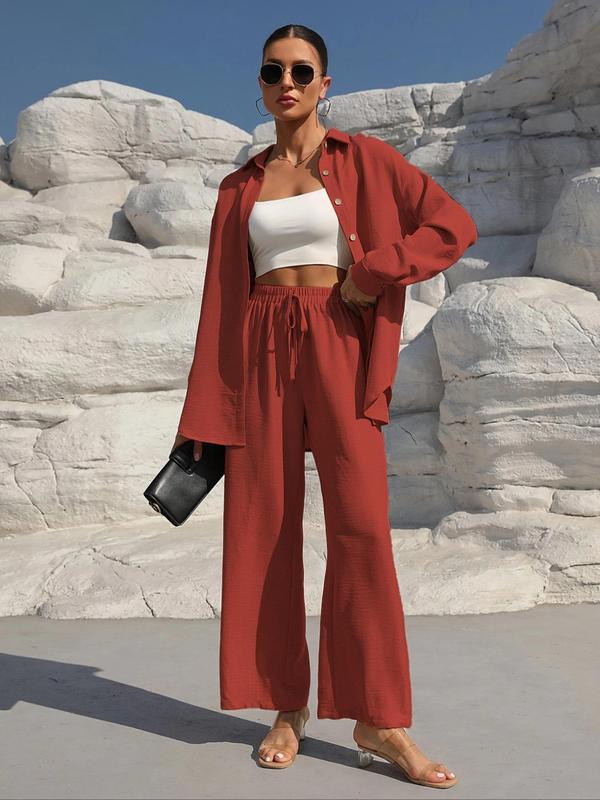 👗 60% DE RÉDUCTION! ✨Ensemble deux pièces pour femme composé d'une chemise unie à boutons sur le devant et d'un pantalon à jambes larges noué sur le devant