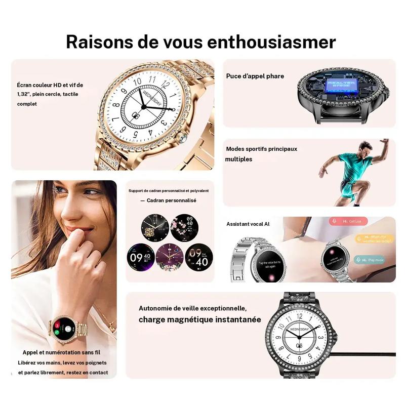 Montre connectée tendance pour femmes, montre numérique à grand écran HD de 1,32 pouces