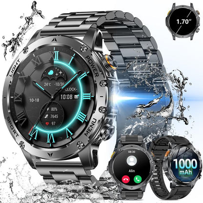 Montre connectée pour homme de style militaire avec batterie de 1 100 mAh, écran AMOLED de 1,7 pouces, lampe torche LED, étanchéité IP68, montre de sport avec fonction téléphone, plus de 110 modes sportifs, suivi de la fréquence cardiaque et du sommeil