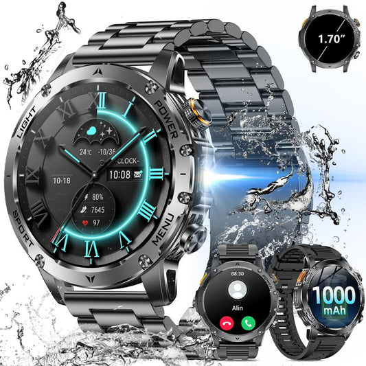 Montre connectée pour homme de style militaire avec batterie de 1 100 mAh, écran AMOLED de 1,7 pouces, lampe torche LED, étanchéité IP68, montre de sport avec fonction téléphone, plus de 110 modes sportifs, suivi de la fréquence cardiaque et du sommeil