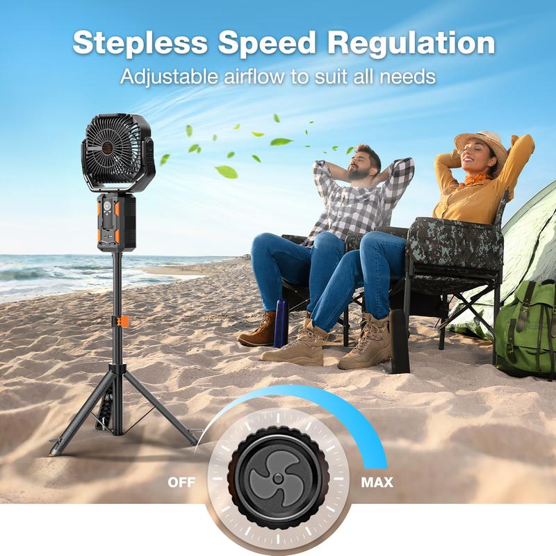 Ventilateur de camping avec trépied amovible, ventilateur rechargeable de 30 000 mAh avec lumières LED et pivot à 270°, ventilateur de camping sans fil 4 en 1