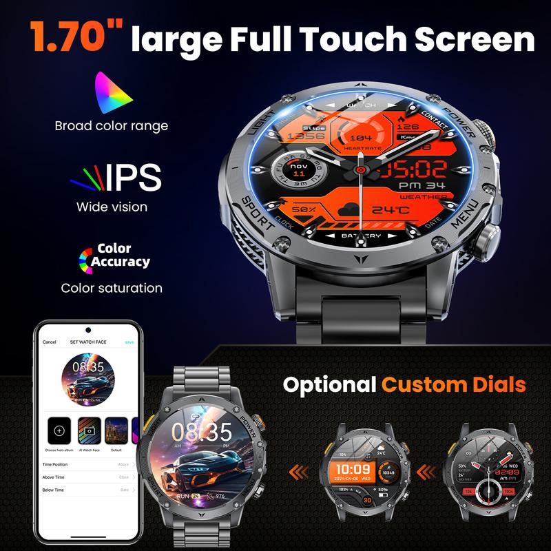Montre connectée pour homme de style militaire avec batterie de 1 100 mAh, écran AMOLED de 1,7 pouces, lampe torche LED, étanchéité IP68, montre de sport avec fonction téléphone, plus de 110 modes sportifs, suivi de la fréquence cardiaque et du sommeil