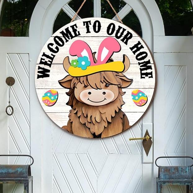 🐇 Soldes de Pâques : 50 % DE RÉDUCTION !! 💥 Panneau « Highland Cow » Panneau de bienvenue interchangeable avec aimant Chapeaux amovibles Adorables bovins à suspendre