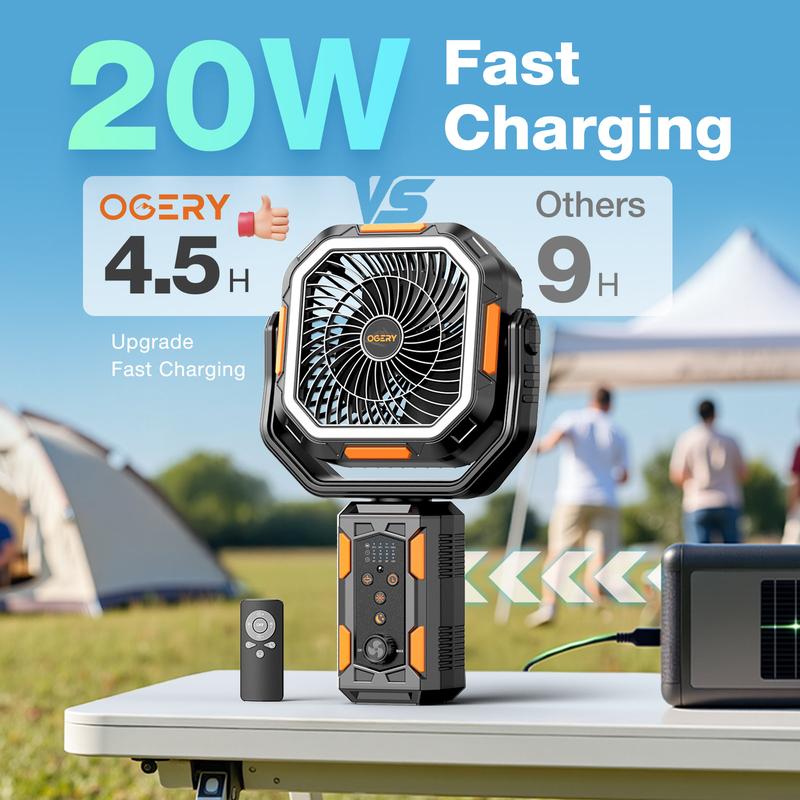 Ventilateur de camping avec trépied amovible, ventilateur rechargeable de 30 000 mAh avec lumières LED et pivot à 270°, ventilateur de camping sans fil 4 en 1