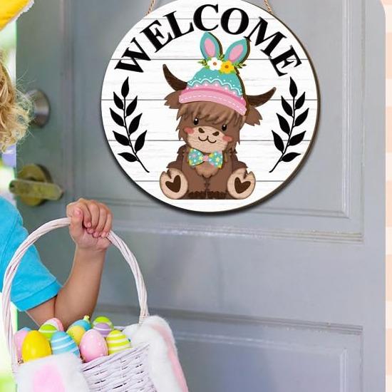 🐇 Soldes de Pâques : 50 % DE RÉDUCTION !! 💥 Panneau « Highland Cow » Panneau de bienvenue interchangeable avec aimant Chapeaux amovibles Adorables bovins à suspendre