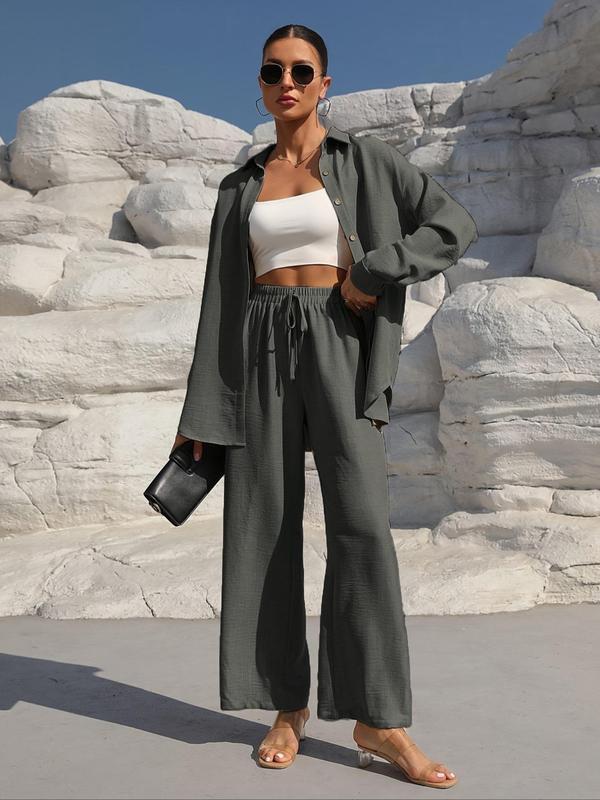 👗 60% DE RÉDUCTION! ✨Ensemble deux pièces pour femme composé d'une chemise unie à boutons sur le devant et d'un pantalon à jambes larges noué sur le devant