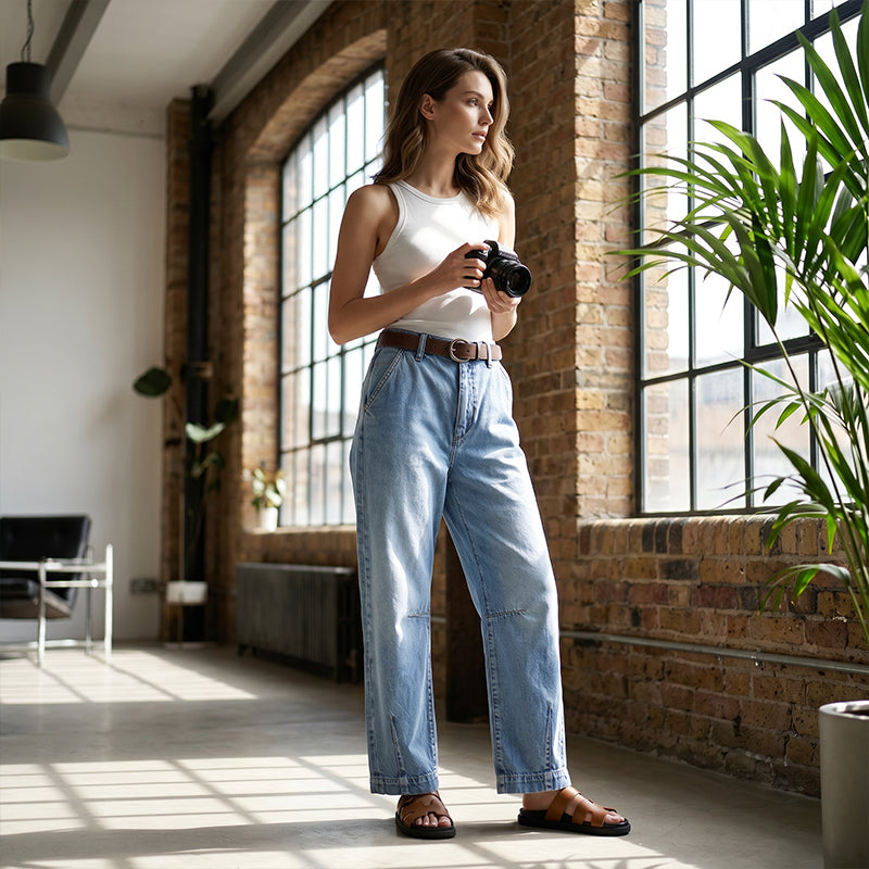 Jean droit court à taille haute pour femme