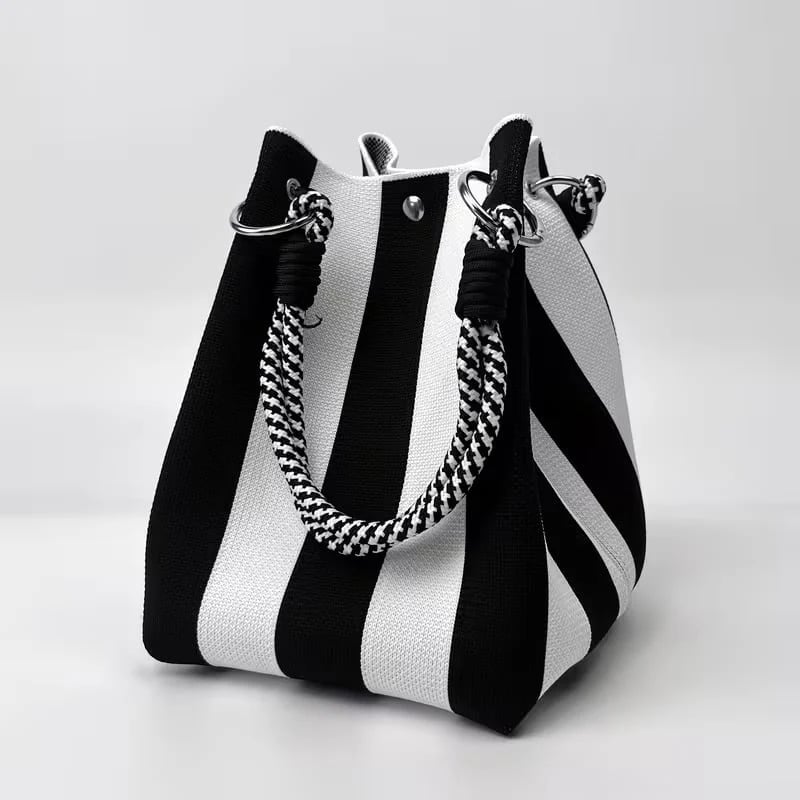 🏆👜🌴 Sac seau bohème rayé en maille pour femme – Sac bandoulière d’été fait main pour la plage