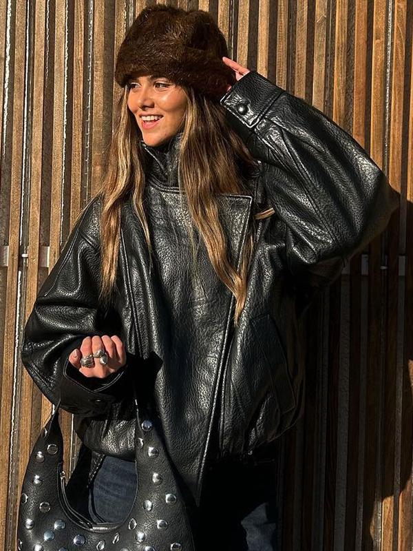 Veste en similicuir noir à col montant, veste de moto oversize