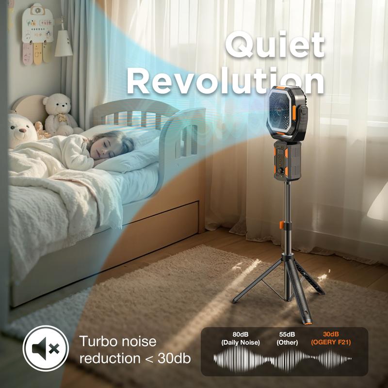 Ventilateur de camping avec trépied amovible, ventilateur rechargeable de 30 000 mAh avec lumières LED et pivot à 270°, ventilateur de camping sans fil 4 en 1