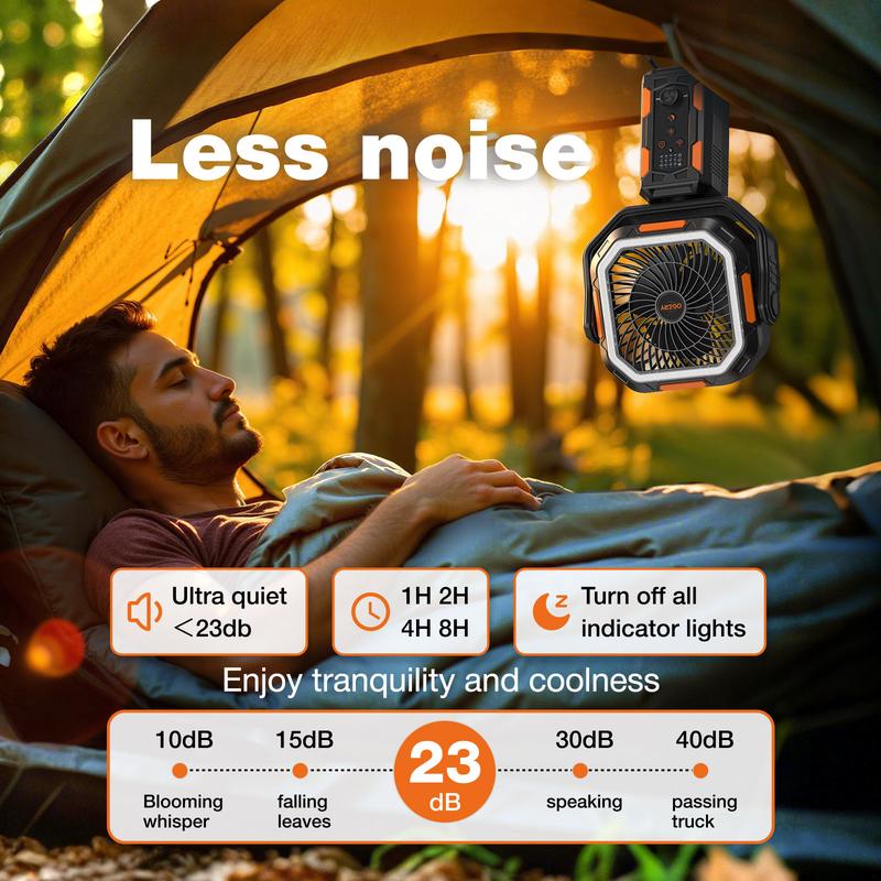 Ventilateur de camping avec trépied amovible, ventilateur rechargeable de 30 000 mAh avec lumières LED et pivot à 270°, ventilateur de camping sans fil 4 en 1
