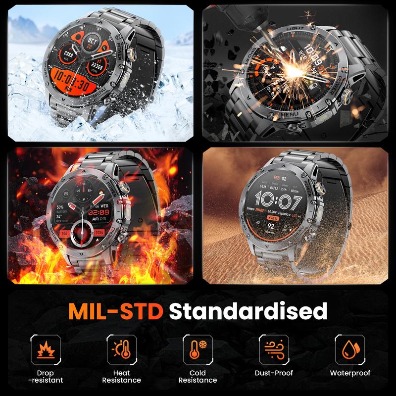 Montre connectée pour homme de style militaire avec batterie de 1 100 mAh, écran AMOLED de 1,7 pouces, lampe torche LED, étanchéité IP68, montre de sport avec fonction téléphone, plus de 110 modes sportifs, suivi de la fréquence cardiaque et du sommeil
