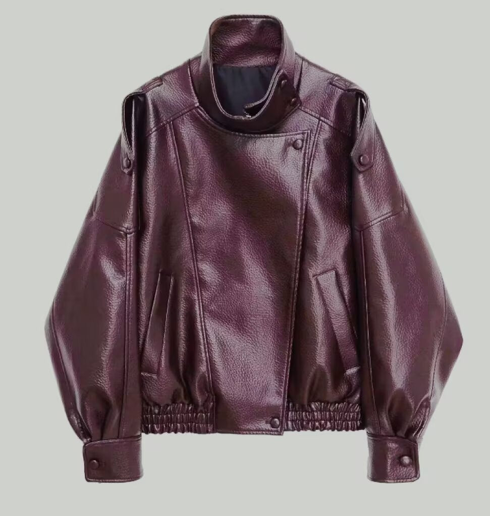 Veste en similicuir noir à col montant, veste de moto oversize