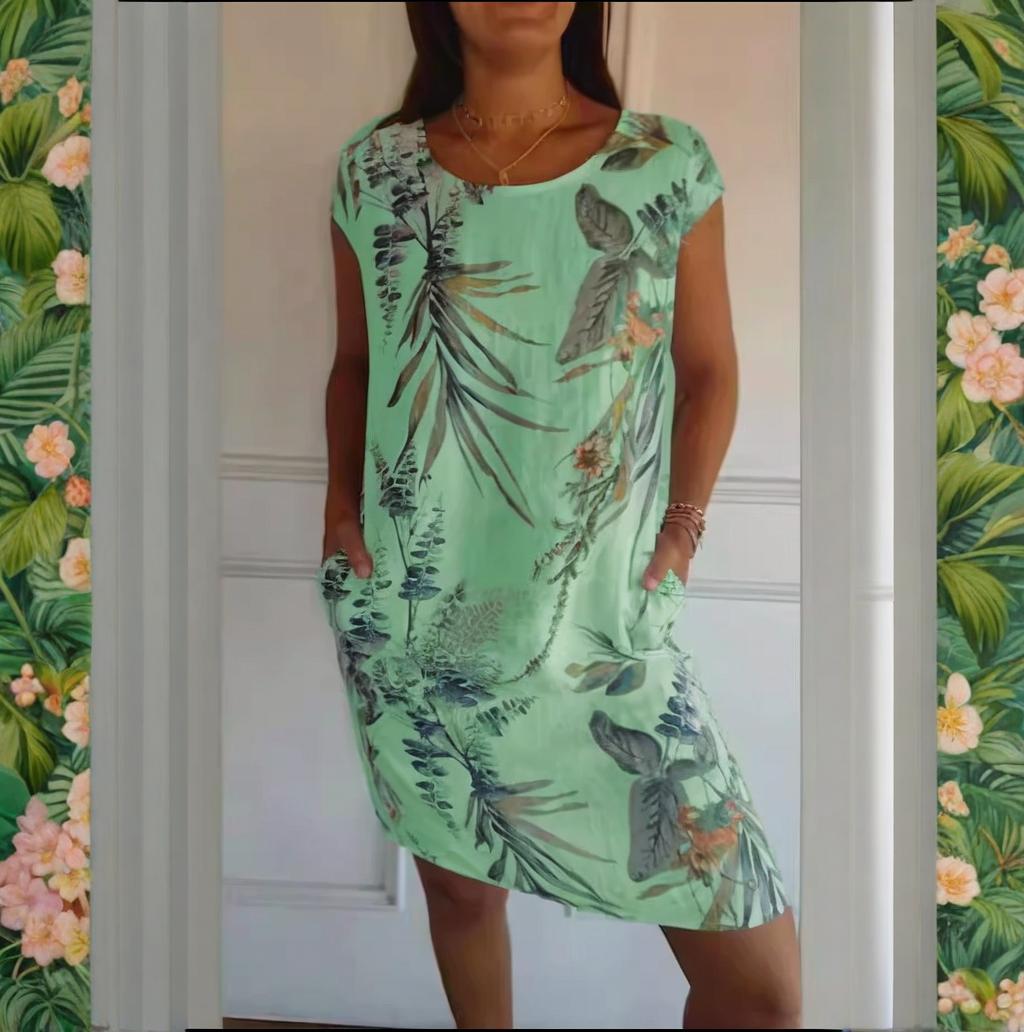 🌷Vente de printemps 50% de réduction🍀Robe à col rond à imprimé botanique pour femmes