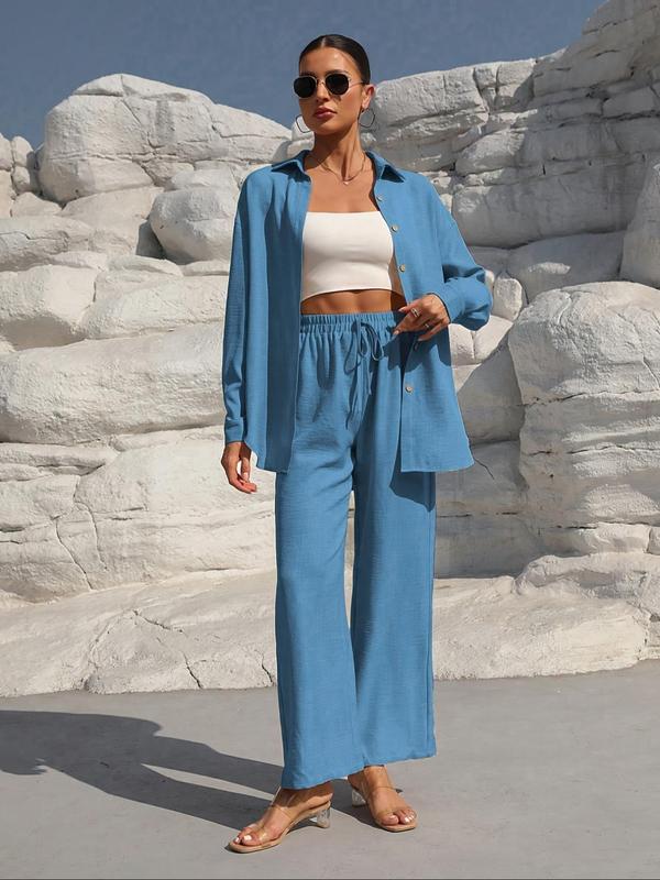 👗 60% DE RÉDUCTION! ✨Ensemble deux pièces pour femme composé d'une chemise unie à boutons sur le devant et d'un pantalon à jambes larges noué sur le devant