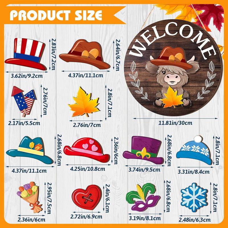 🐇 Soldes de Pâques : 50 % DE RÉDUCTION !! 💥 Panneau « Highland Cow » Panneau de bienvenue interchangeable avec aimant Chapeaux amovibles Adorables bovins à suspendre
