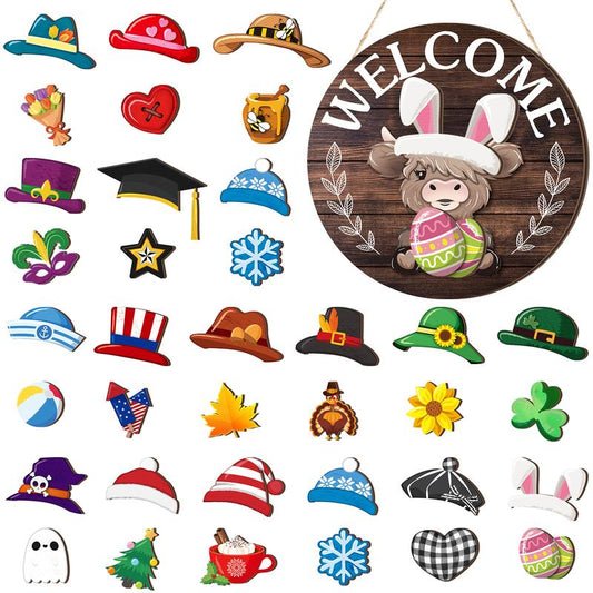 🐇 Soldes de Pâques : 50 % DE RÉDUCTION !! 💥 Panneau « Highland Cow » Panneau de bienvenue interchangeable avec aimant Chapeaux amovibles Adorables bovins à suspendre